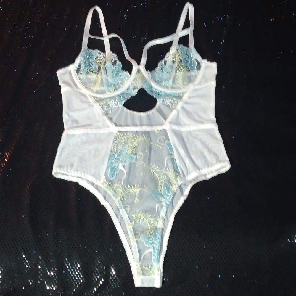 Dolls Kill × Elegant Moments Sheer Embroidered Strappy White Teddy Bodysuit (M)